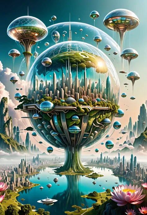 transparent background，visionary image of a future utopian world，（multiple exposure：1.8），intricate illustration in surreal art s...