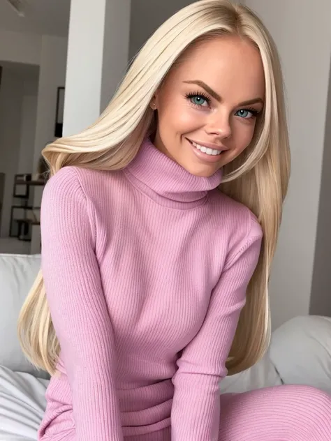 (JesseJane_v1:1.0), gorgeous blonde woman (JesseJane_v1:1.0), long hair. She wears: (a baby pink long sleeve turtleneck tight high neck ribbed sweater:1.1) seductive smile