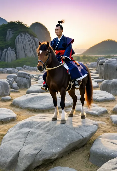 1man, chinese man, chinese man, samurai clothes, chinese man riding a pony, in rock field, sunset