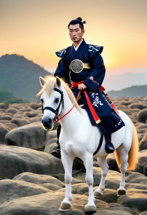 1man, chinese man, chinese man, samurai clothes, chinese man riding a pony, in rock field, sunset