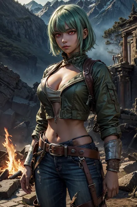 emeraldsustrai, emerald sustrai, short hair, (red eyes:1.5), green hair, dark skin, dark-skinned female, BREAK navel, cleavage, midriff, belt, cleavage cutout, chaps,  BREAK near ancient temple ruins, pillars, on top of mountain, BREAK mountains in backgro...