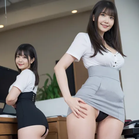 (from below:1.5)、（Office Lady、Micro Mini Skirt、Short sleeve、ass、Black Hair、Big Ass、Inside the office、Glass-walled office、Panty Shot、Panty lines、Butt crack）、Extremely sexy、smile、Professional Lighting、Small waist、Beautiful adult woman、Captivating thighs、Very...