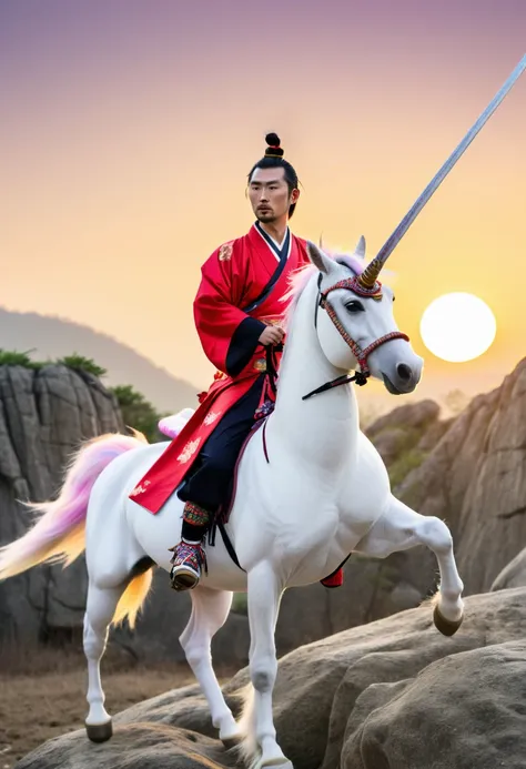 1man, chinese man, chinese man, samurai clothes, chinese man riding a unicorn, in rock field, sunset