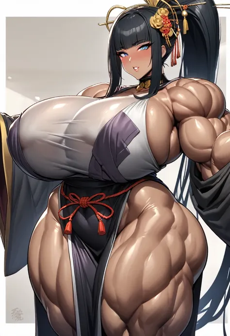 Cleopatra with extreme muscular body, gigantic muscular arms, gigantic muscular tights, geisha outfit, fair skin, black hair with ponytail and gigantic breasts.