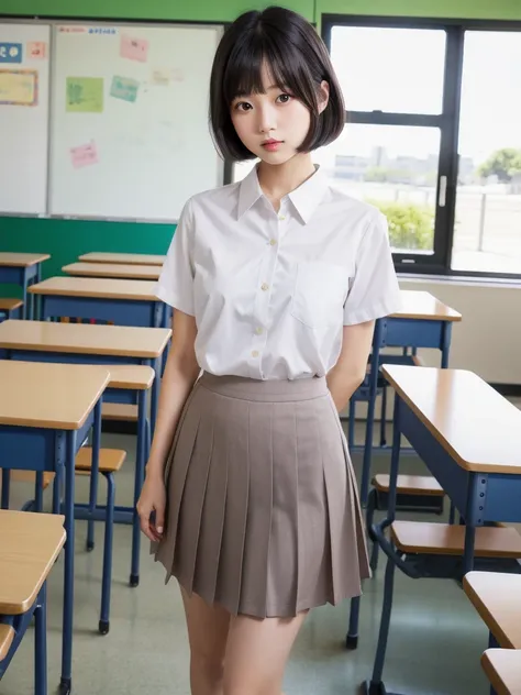 (8k, Photorealistic, Raw photo, Highest quality: 1.4),Japanese idol-style beautiful girl,1 person,17 years old,Hairstyle(Short Bob,Black),She has her hair tucked behind her ears,Large, clear grey eyes,Long eyelashes,Plump Cheeks,Thin and delicate shoulders...