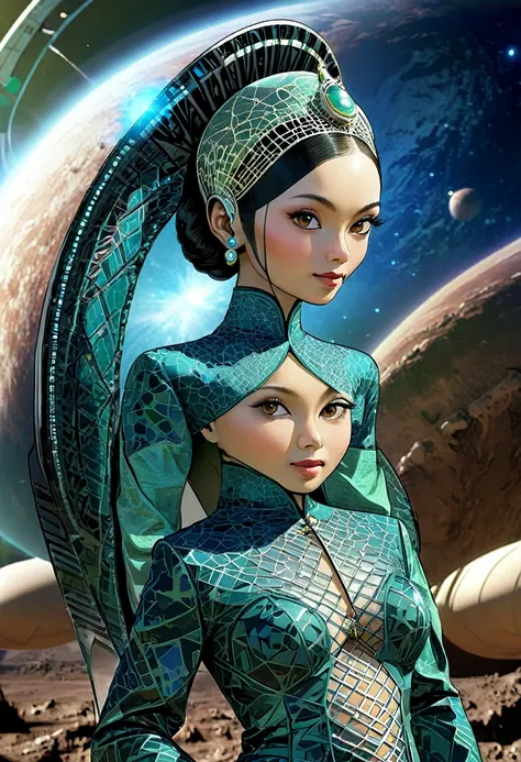 An Indonesian princess in the far future, year 5000 AD, kebaya, cybernetic, alien planet