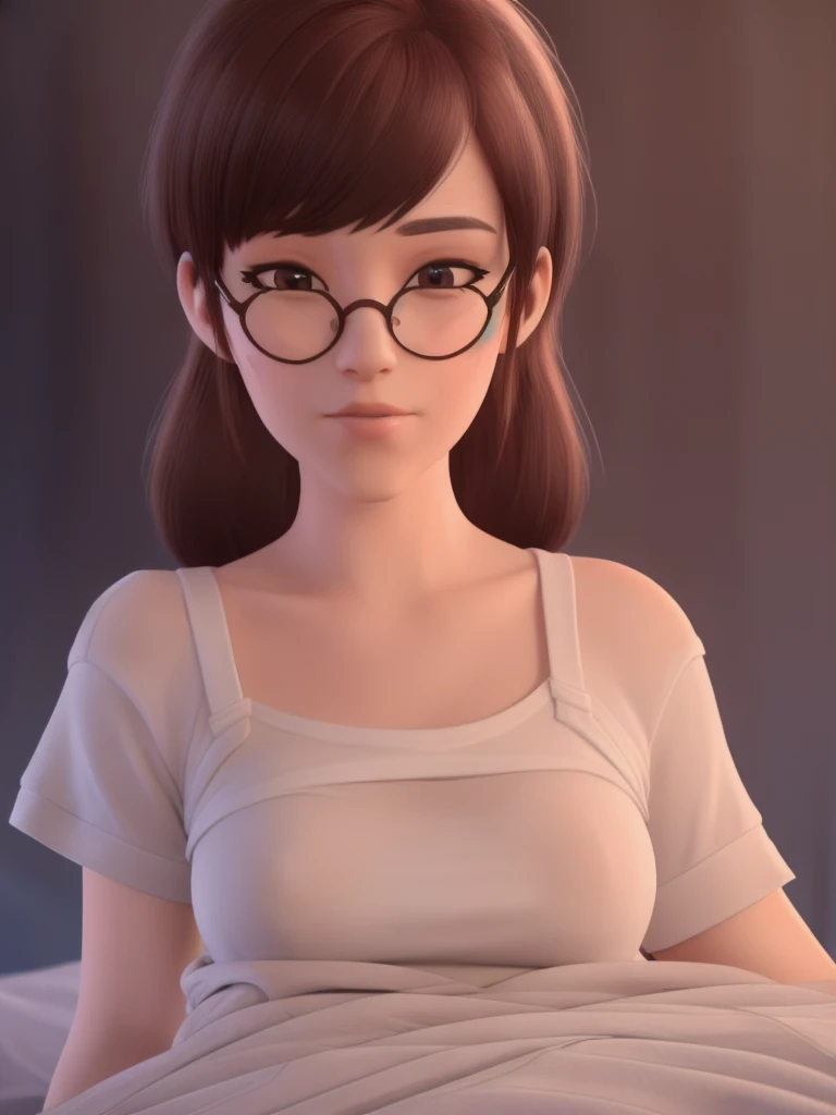 a beautiful woman with short brown hair in a ponytail, very big round glasses, wearing a plain white t-shirt, in her bedroom on her bed, 1 girl solo, cinematic lighting, high resolution, physically-based rendering, extremely detailed, 8k, volumetric lighti...