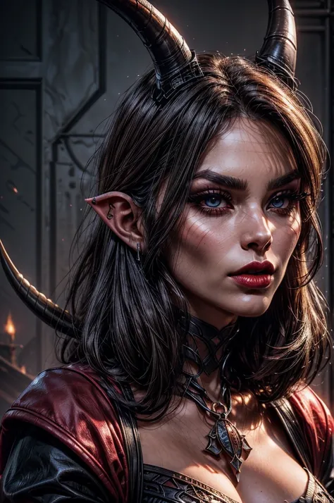 a close up of a (tiefling) womans face, gorgeous face, amazing bone structure, defined cheekbones, slim, sharp nose, plump red lips, smokey eyes, dark thick eyebrows, dark eyeliner, dark eyeshadow, beautiful, long dark hair and (short bone horns coming fro...