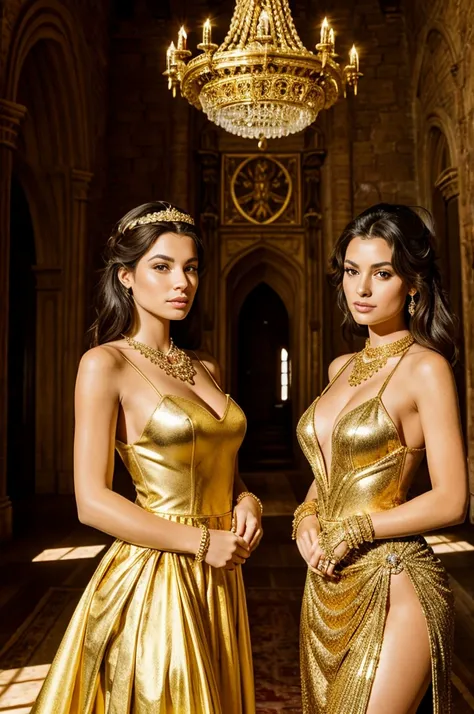 2 queens in a inside a  huge castle with golden light and they are in dupata and lots of jewelers. Attitude 