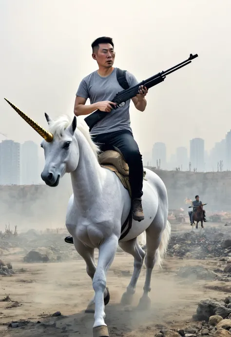 1man, chinese man, chinese man, grey T - shirt, man holding gun, chinese man riding a unicorn, in rock field, wasteland, foggy, burning city 