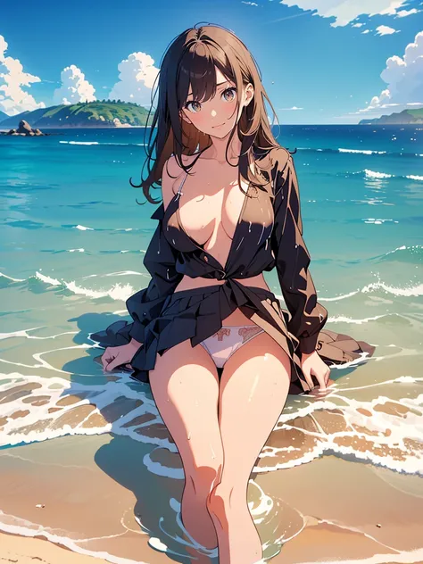 (masterpiece), (best quality), (ultra-detailed), (best illustration), (best shadow), (absurdres), Female, 25 years old, steam,  nsfw,  shy, medium breasts, nsfw, serious, panties, sea, light smile, wet, wet hair, Female, serious, ocean, sandy beach, wet cl...