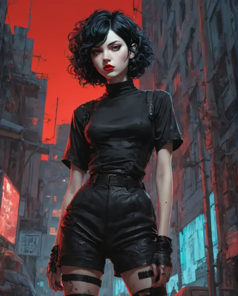 a full-body, high-resolution anime style of a rebellious teenage female goth with short curly black hair, thin face, intense red lips, gothic fashion, inspired by the works of Yoshiaki Kawajiri, vibrant and edgy, with dramatic lighting and dynamic composit...