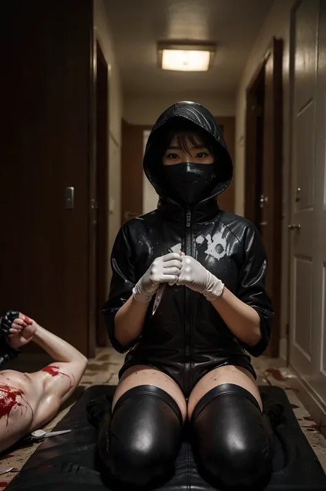 korean girl, (behind corpse, surgical mask), multiple girls, holding knife, stabbing, black raincoat, leather gloves, hood up, room full of blood, black wet suit, holding knife, leather gloves, behind corpse, blood splatter, short hair, night, mass murdere...