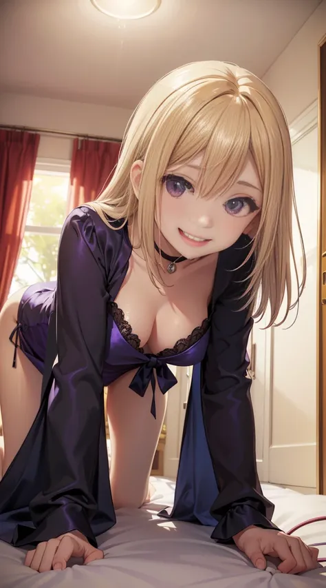 Beautiful woman, alone, On all fours, close, Putty blonde hair, Medium Hair, (Hair on one eye), Grin smile, forget, chest, chestの谷間, bedroom, Luxury Room, bed, Low light source、Low light source、Dark Tone Color、Pool、Opening the door after orgasm、 Gonzo、(((A...