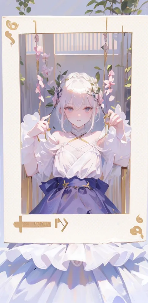 (Extremely delicate, masterpiece, excellent light and shadow, 8K HD wallpaper), white hair, golden eyes, intermittently translucent white clothes, looking at the upper body, lacy hair accessories, pale pink skin, tie at the waist, side braid swing.