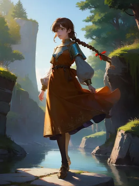 masterpiece, best quality, rpg character art, epic fantasy art style, 1 girl, Lily, 11 year old girl, kid, serious demeaner, dynamic pose, super powers, ready for battle, she has a white glow around her body, floating rocks levitating around her, full body...