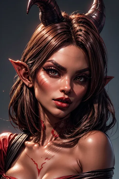 A close up of a candid shot of a (red skinned tiefling) womans face, gorgeous face, amazing bone structure, defined cheekbones, slim, sharp nose, plump red lips, smokey eyes, dark thick eyebrows, dark eyeliner, dark eyeshadow, beautiful, long dark hair and...