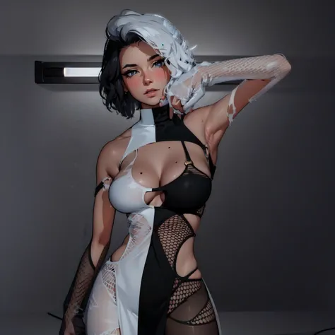 there is a 2d woman in a white and black dress, black-white skintight robes!, inspired by Kim Deuk-sin, sinister pose, inspired by Gao Cen, wlop glossy skin, elegant pose, style is a blend of æon flux, futuristic attire, inspired by Sim Sa-jeong, cyborg - ...