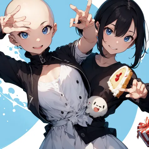 Anime Girl Bald With Flat Chest,Smile,Peace Left Hand Pose,Bring a Birthday Cake In Right Hand