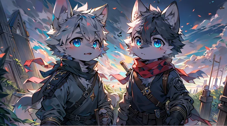 Wolf，juvenile，male，Gray-black fur，Sky blue eyes，Black combat uniform，scarf，Holding a long sword，scabbard，Draw the Sword，Everlasting，only,dawn，illumination，rest，Break