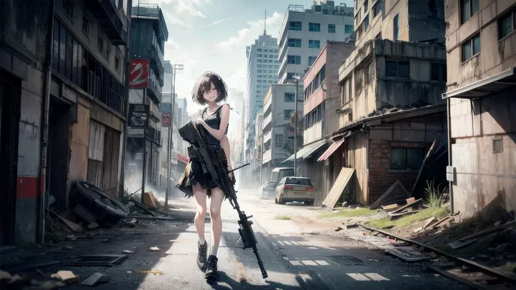 (Torn clothes), Tank top shirt, skirt, Anti-tank rifles, Rocket Launcher, Assault rifle, Beam rifle, Handgun, Abandoned building, Absurd, RAW Photos, Very delicate and beautiful, masterpiece, highest quality, Ultra-high resolution, 32k, Surreal, Super deta...