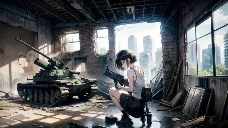 (Torn clothes), Tank top shirt, skirt, Anti-tank rifles, Rocket Launcher, Assault rifle, Beam rifle, Handgun, Abandoned building, Absurd, RAW Photos, Very delicate and beautiful, masterpiece, highest quality, Ultra-high resolution, 32k, Surreal, Super deta...