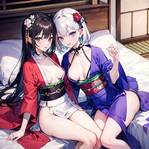 Sisters in kimono，Lesbian，Half naked，cool，Estrus