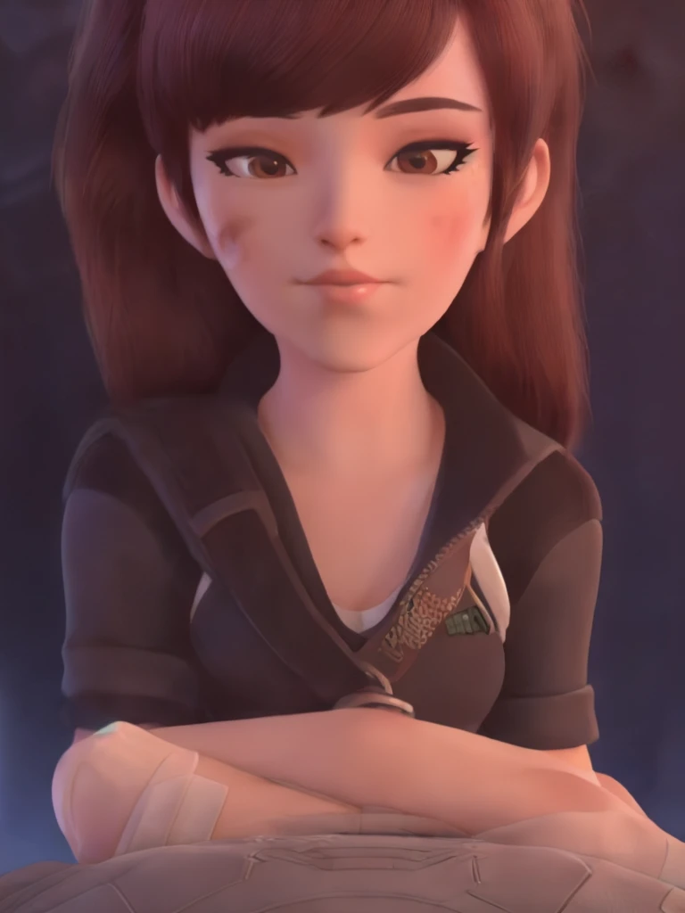 DVA from Overwatch without mech, a beautiful woman with short brown hair in a ponytail, very big round glasses, high quality refelctions, reflections on glasses, volumetric lighting, wearing a plain white t-shirt, in her bedroom on her bed, 1 girl solo, ci...