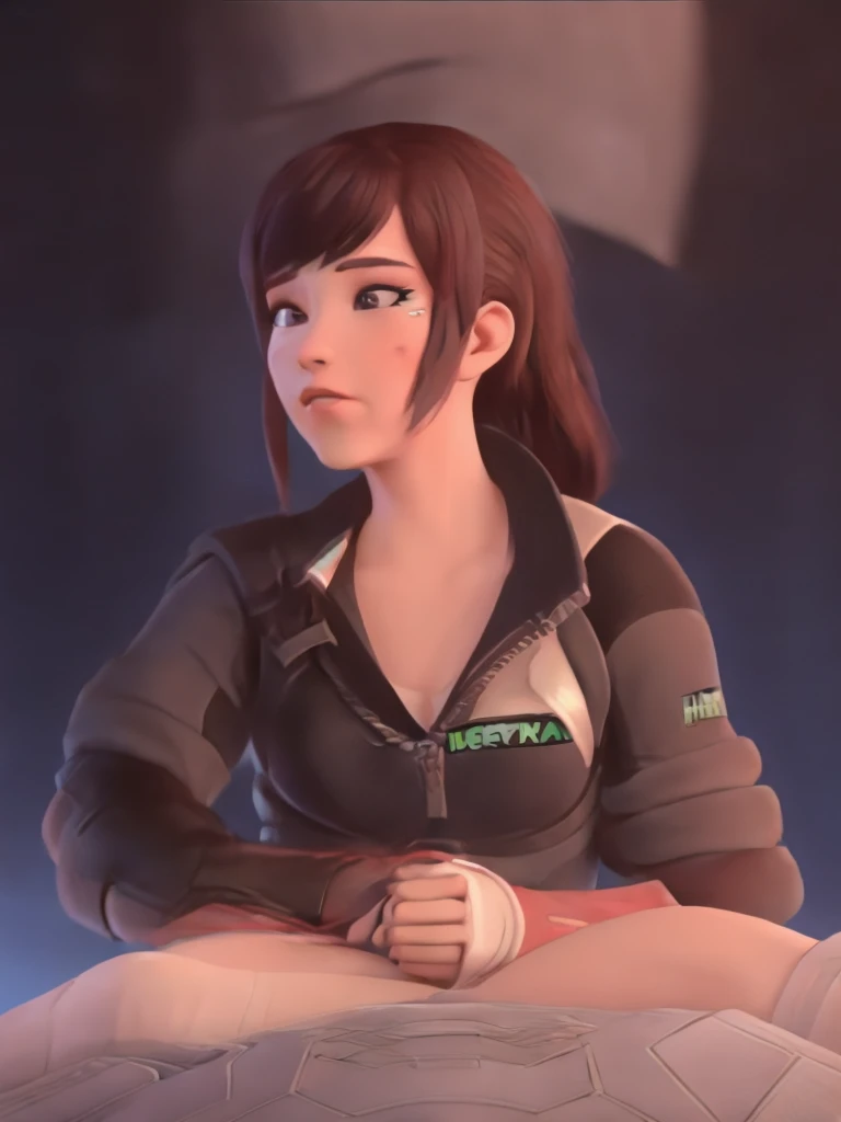 DVA from Overwatch without mech, a beautiful woman with short brown hair in a ponytail, very big round glasses, high quality refelctions, reflections on glasses, volumetric lighting, wearing a plain white t-shirt, in her bedroom on her bed, 1 girl solo, ci...