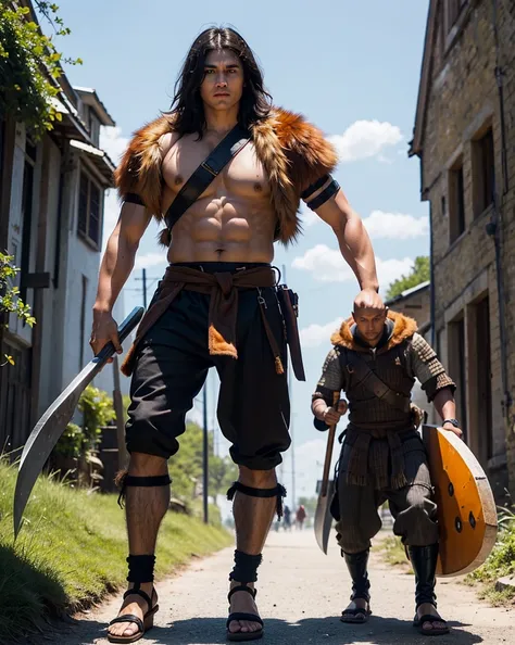 Youth with short black hair and brown eyes, fair skin and clean-shaven, dressed in short orange medieval barbarian fur tunic and trousers, weilding giant axe, sandals; fullbody; short hair, masculine, athletic