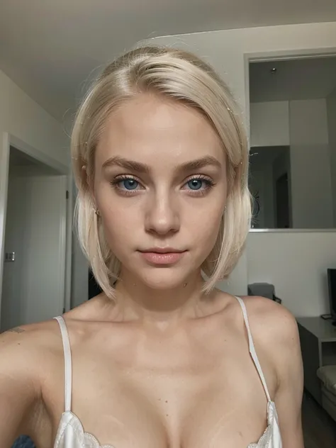 white northerner with platinum blonde hair, platinum subtle natural eyebrows and blue eyes. Fully dressed, vulgar neckline. No make up, selfie in the room. super realistic and detailed 