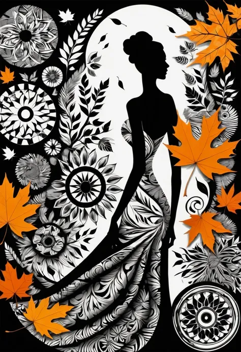 Silhouette Style Nude, A beautiful back, Cozy autumn themed Batik Art, Gorgeous geometric shapes, Wheels within wheels, pattern, autumn, point, batik, Fall Decorations, autumn elements
. High contrast, Simplicity, black and white, Stark, Dramatic