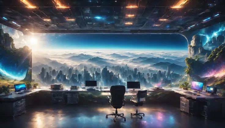 wide landscape photography, (View from below, The sky is above, And the open field is below), wallpaper, (meteor: 0.9),In front of the window there is a computer desk with a monitor and a chair., Futuristic room background, retro Futuristic apartment, Futu...