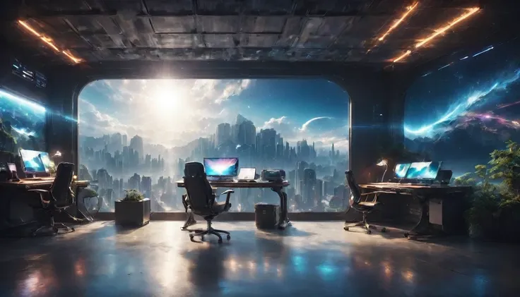 wide landscape photography, (View from below, The sky is above, And the open field is below), wallpaper, (meteor: 0.9),In front of the window there is a computer desk with a monitor and a chair., Futuristic room background, retro Futuristic apartment, Futu...