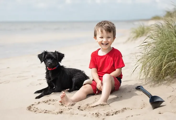 A happy little boy in red shorts sitting on the beach with his little black dog, bucket and spade