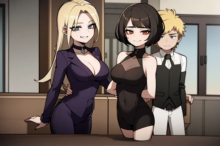 three sexy goth women on a date with 4 years old boy with blonde hair, flirtatious smiles, both women looking at boy, view from below