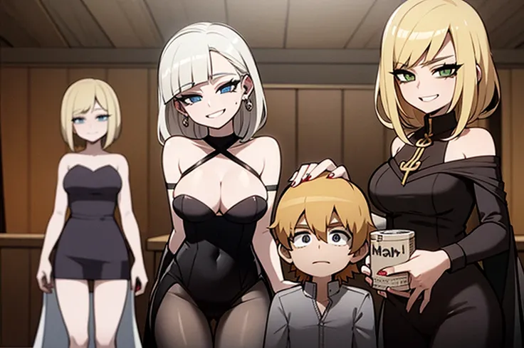 three sexy goth women on a date with 4 years old boy with blonde hair, flirtatious smiles, both women looking at boy, view from below