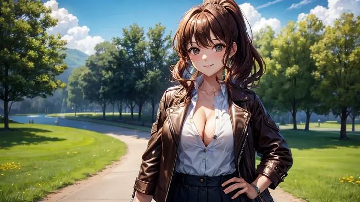 1girl, solo, summer, village, trees, sun, clouds, ((colorful hair)), curly hair, ponytail, large full breasts, ((brown leather jacket)), button down shirt, ((white shirt)), ((short sleeved shirt)), ((unbuttoned shirt)), unbuttoning buttons, cleavage 1:3, b...