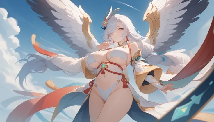 translucent, Good velvet quality, Compared, Divine Light,, Silver gray hair, Sky background, Absolute Strength,Female angels，Wings with the right proportions，Wear sexy bikinis的女孩, at the seaside, Colorful jewel-like eyes.，Large Breasts，Full breasts，Golden ...