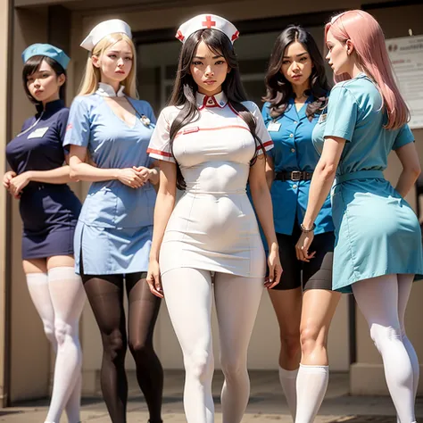 A group of female nurses wearing white tights and hats