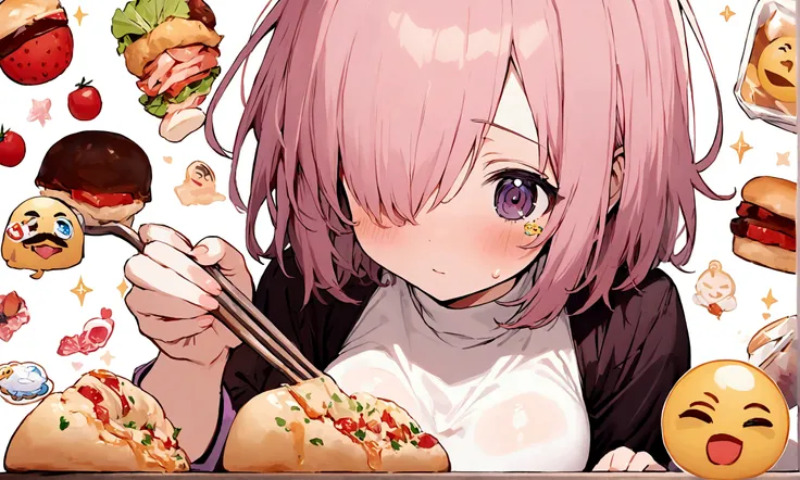 best quality, masterpiece, kyrielight mash, solo, 1girl, black eyes, white turtleneck shirt,light red hair, sticker, emoji, cute, white background, ((making food))