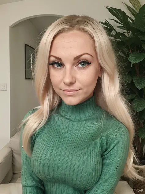 photo of a nympho sexy complete platinum blonde barbie bimbo cute young teen prostitute with fake eyelashes and plump enhanced lips, very long hair with hair extensions, perfect bimbo gorgeous babe. She wears: (turtleneck tight high ribbed dark green sweat...