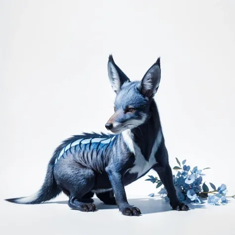 Small Animaly, black and blues colour skins, has scales, his body is shaped like a Fox but his face is like a Moose, silver colour skins, Grassroots background, (white background simpleks)