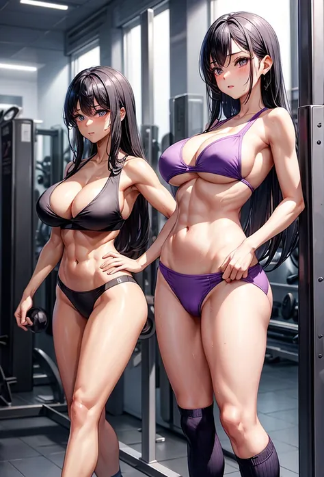 beautiful girl、Big Breasts、Black Hair、Long Straight、Great style、Nice body、Abdominal muscleuscular、Training Gym、Light purple bra top、Cleavage、Light purple bikini pants、Beautiful buttocks、Toned Legs、Are standing、The whole body is visible、Sweaty skin、Training...