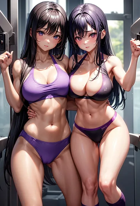 beautiful girl、Big Breasts、Black Hair、Long Straight、Great style、Nice body、Abdominal muscleuscular、Training Gym、Light purple bra top、Cleavage、Light purple bikini pants、Beautiful buttocks、Toned Legs、Are standing、The whole body is visible、Sweaty skin、Training...