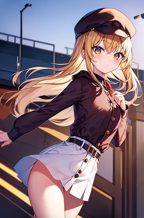 Anime girl, ((top quality, Top image quality, ​masterpiece, complete fingers, Slender beauty)), epitomizing the peak of cute aesthetics. Her eyes are a focal point is deeply set, hooded, and dark orange, exuding both enigmatic charm and warmth, blonde hair...