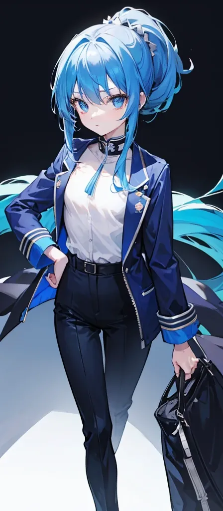 Girl，flat chest，Blue hair and eyes，High Ponytail，Dark blue long sleeves and jacket。trousers，Pure white background，Short stature。