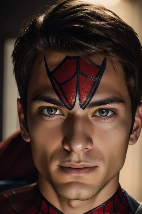 A photograph of spider man, no mask, 20 yo, handsome, detailed face, looking at camera, portrait, 8k uhd, high quality