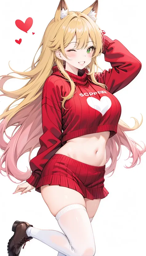 score_9, score_8_superior, score_7_superior, score_6_superior, an awesome wallpaper with art and kinky character on the left side with hearts on it, 1girl, breasts, one eye closed, long hair, animal ears, green eyes, thighhighs, blonde hair, solo, heart, n...