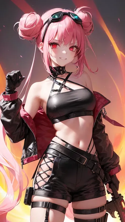 ltra-detailed, Girl, beautiful eyes, red eyes, , cute figure, cute face, smirk, scary smile, executioner, cyberpunk style goggles on head, sharp eyes, wild and daring, hair color is pink gradient with black accent on left side only, hair in bun , bob-cut b...